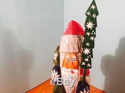Artist Signed Russian Wood Christmas Santa Claus WithTree Hand Carved Painted 1996