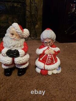 Atlantic Mold Ceramic Santa And Mrs Claus Hand Painted Figures 1970s 14 & 12.5