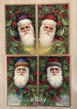 Beautiful Lot of 4 SANTA CLAUS & Holly Antique Embossed Christmas Postcards-p866