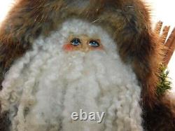 Beaver Coat Santa Claus Paper Mache Face Folk Art Christmas Figure OAK