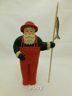 Carved Wood Santa Claus Fisherman Figure Statue Sculpture Waders