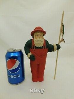 Carved Wood Santa Claus Fisherman Figure Statue Sculpture Waders