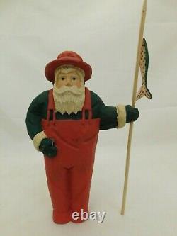 Carved Wood Santa Claus Fisherman Figure Statue Sculpture Waders