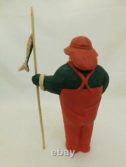 Carved Wood Santa Claus Fisherman Figure Statue Sculpture Waders