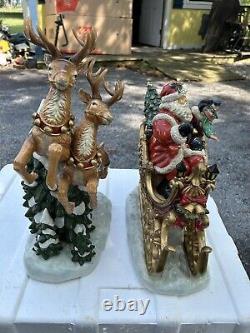 Christmas Decor Heritage Mint Porcelain Santa Sleigh And Reindeer Figurines Set