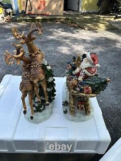 Christmas Decor Heritage Mint Porcelain Santa Sleigh And Reindeer Figurines Set