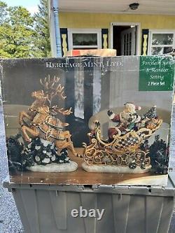 Christmas Decor Heritage Mint Porcelain Santa Sleigh And Reindeer Figurines Set