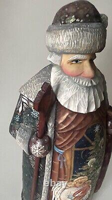 Ded Moroz Russian Santa Figurine 10.75 Christmas Decoration Hand Painted Carved