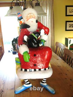 Dept 56 Large Paper Mache Santa Claus Sitting in Chair With Cat & Penguin 24T