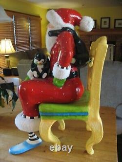 Dept 56 Large Paper Mache Santa Claus Sitting in Chair With Cat & Penguin 24T