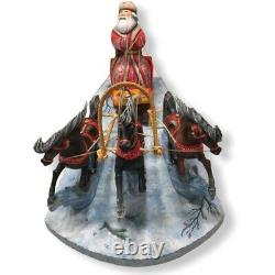 Exclusive Hand Carved Painted Wooden Santa Claus and Three Horses(Troika)