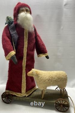 Fab! FOLK ART SANTA CLAUS BELSNICKLE PULL TOY w Fab! FACE 23 SHEEP
