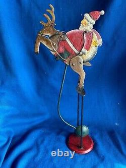 Folk Art Christmas Santa Riding Reindeer Kinetic Sculpture Balance Decoration