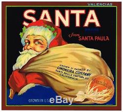 Genuine Old Orange Crate Label Santa Claus Vintage Santa Paula Ventura 1930 Rare