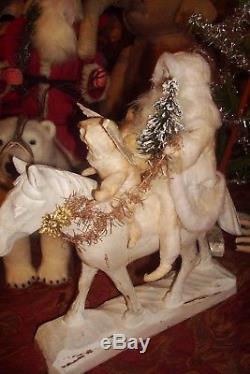 German Christmas SANTA CLAUS RIDING HORSE w TOYS & Dresden Wings Angel