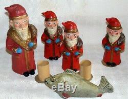 German c1900 Wood BOX w. 5 Dresden Paper mache Candy container Santa Claus/fish