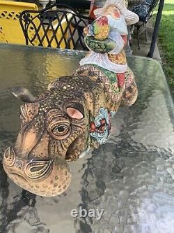 HUGE Fabulous Russian Santa Riding HIPPOPOTAMUS Hand Carved & Painted KinKin