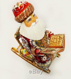 Hand Carved Painted Santa Claus Figurine Russian Father Frost Rocking Chair Book