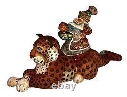 Hand Carved & Painted Santa Riding LEOPARD