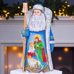 Hand Carved Saint Nicholas Figurine with Nativity Scene Christmas Wood Decor