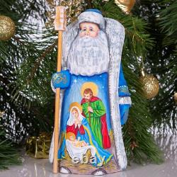 Hand Carved Saint Nicholas Figurine with Nativity Scene Christmas Wood Decor