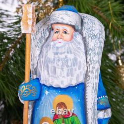 Hand Carved Saint Nicholas Figurine with Nativity Scene Christmas Wood Decor