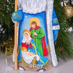 Hand Carved Saint Nicholas Figurine with Nativity Scene Christmas Wood Decor