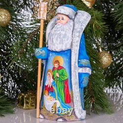 Hand Carved Saint Nicholas Figurine with Nativity Scene Christmas Wood Decor