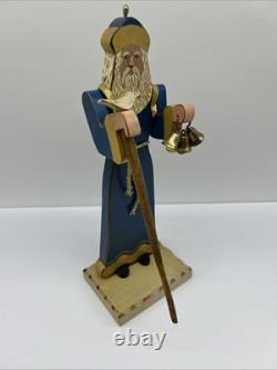 Handmade Wood Santa Claus BARBARA KISSINGER 1987 Bells Dove Toy Sack Arms Move