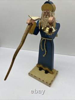 Handmade Wood Santa Claus BARBARA KISSINGER 1987 Bells Dove Toy Sack Arms Move