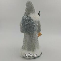 INO SCHALLER 10.5 Tall Paper Mache SILVER SANTA CLAUS withFur Hat & Cape GERMANY
