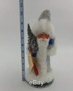 INO SCHALLER 10.5 Tall Paper Mache SILVER SANTA CLAUS withFur Hat & Cape GERMANY