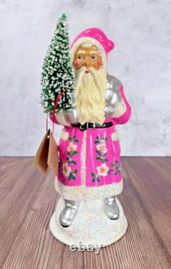 Ino Schaller Pink Santa with Flowers & Tree Glitter German Christmas Figurine