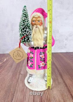 Ino Schaller Pink Santa with Flowers & Tree Glitter German Christmas Figurine