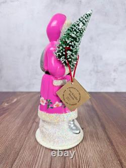 Ino Schaller Pink Santa with Flowers & Tree Glitter German Christmas Figurine