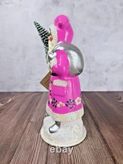 Ino Schaller Pink Santa with Flowers & Tree Glitter German Christmas Figurine