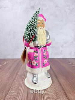 Ino Schaller Pink Santa with Flowers & Tree Glitter German Christmas Figurine