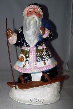 Ino Schaller Santa Claus Skis Paper Mache Handmade Germany Candy Figurine 14.5