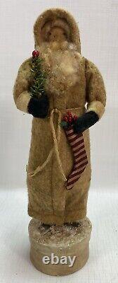 JONI 2001 FOLK ART SANTA CLAUS CANDY CONTAINER wStocking & Feather Like Tree