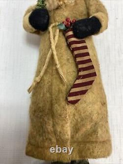 JONI 2001 FOLK ART SANTA CLAUS CANDY CONTAINER wStocking & Feather Like Tree