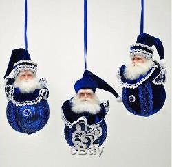 Katherine's Collection Set Of 3 Azure Blue Santa Claus Ball Ornaments NEW