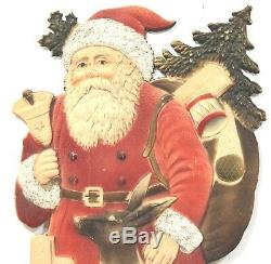 Large Die Cut, Heavily Embossed Santa Claus with Reindeer and Bell c1930s