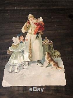 Large Victorian Antique White Robe Santa Claus German Christmas Die Cut Tuck