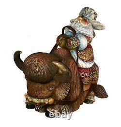 Magnificent Russian Santa Hand Carved & Painted RIDING a BISON #0978