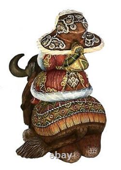 Magnificent Russian Santa Hand Carved & Painted RIDING a BISON #0978