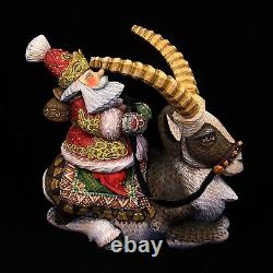 Magnificent Russian Santa Hand Carved & Painted on Long Horned Mountain Sheep