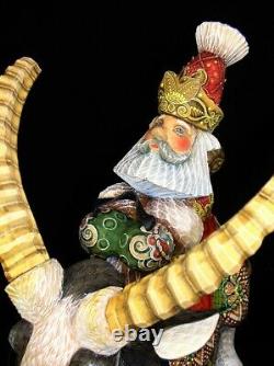 Magnificent Russian Santa Hand Carved & Painted on Long Horned Mountain Sheep