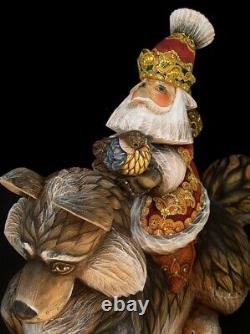 Magnificent Russian Santa Hand Carved & Painted on a WOLF #1027