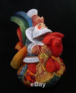 Magnificent Russian Santa Riding ROOSTER Hand Carved & Painted #1049