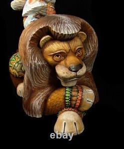 Magnificent SANTA riding LION Hand Carved & Painted
